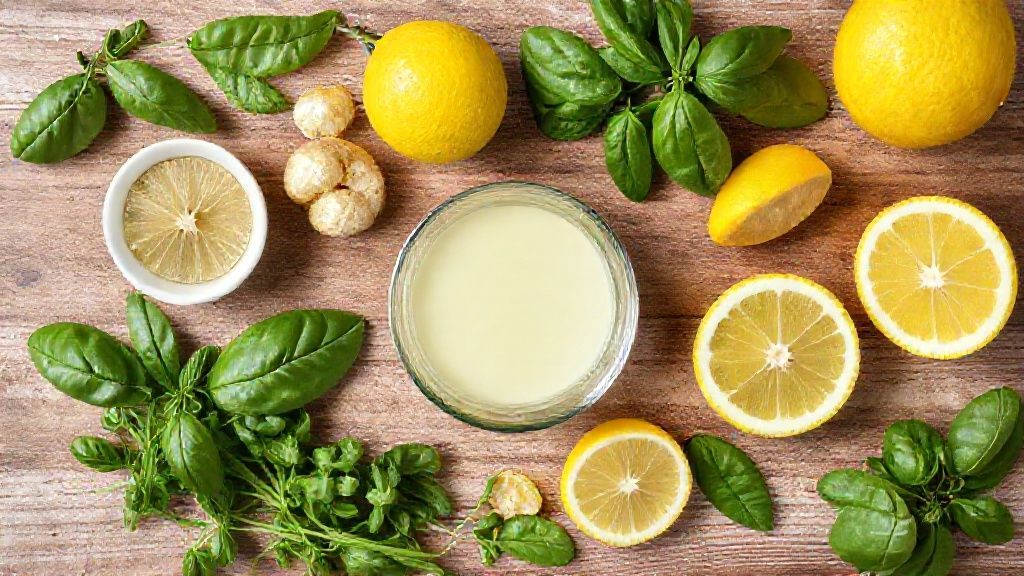 Visão de cima com limões, água, açúcar e hortelã organizados em uma bancada