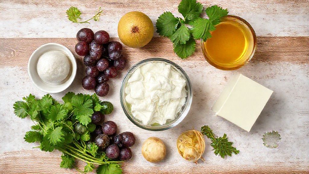 Visão de cima com uvas pretas frescas, açúcar e água sobre bancada de madeira