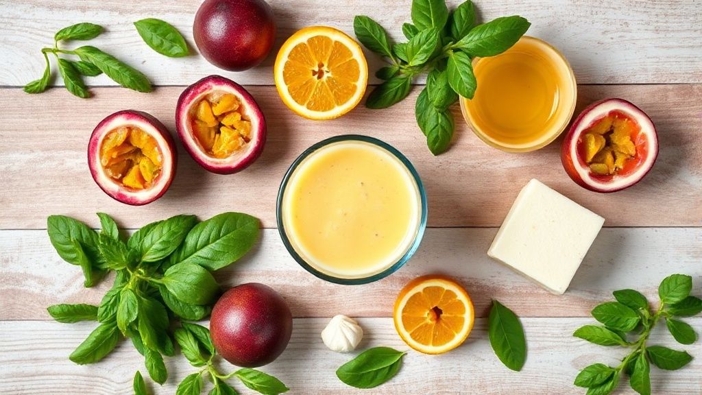 Visão de cima com maracujás maduros cortados, água, açúcar e hortelã sobre bancada de madeira