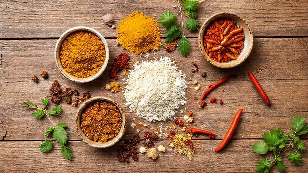 Visão superior dos ingredientes secos organizados em pequenos potes e colheres de medida sobre bancada rústica