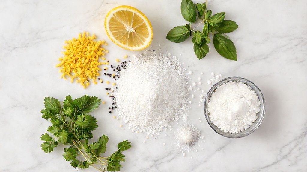 Flat lay com raspas de limão, pimenta e sal organizados em tigelas sobre bancada