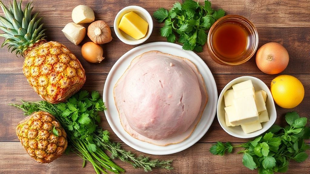 Visão de cima com os ingredientes da receita organizados em uma bancada de madeira