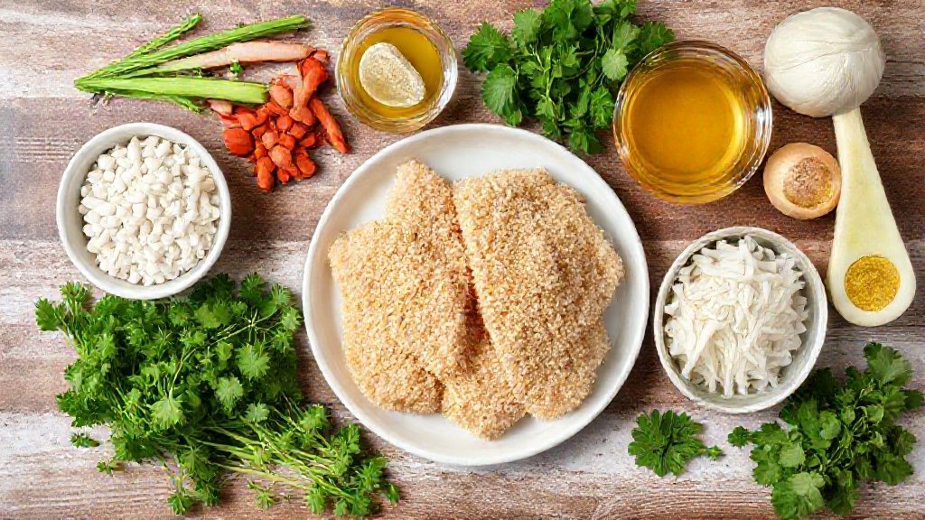 Visão de cima mostrando peito de frango, flocos de milho, ovos e temperos organizados em bancada