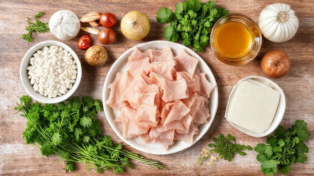 Ingredientes organizados na bancada — toucinho, sal e gordura de porco