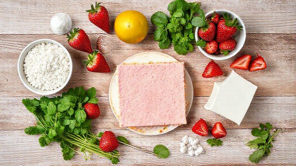 Visão de cima dos ingredientes separados para preparar a torta de bolacha com morango