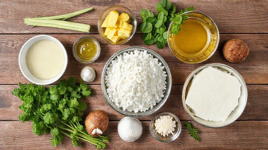 Visão de cima com os ingredientes da torta organizados em uma bancada de madeira, incluindo abacaxi, coco, creme e bolachas