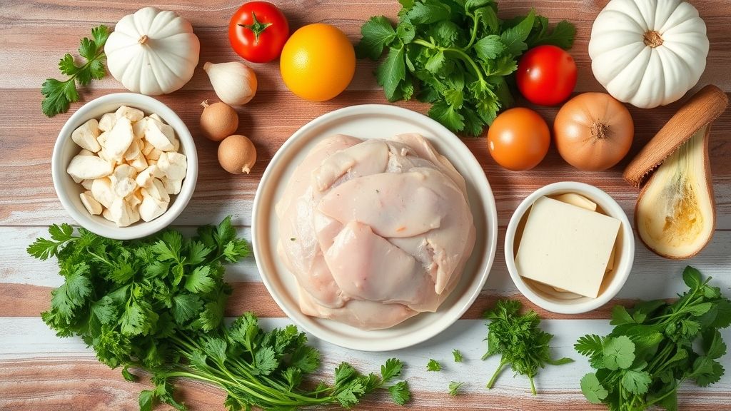 Visão de cima com os ingredientes da torta de frango organizados em uma bancada