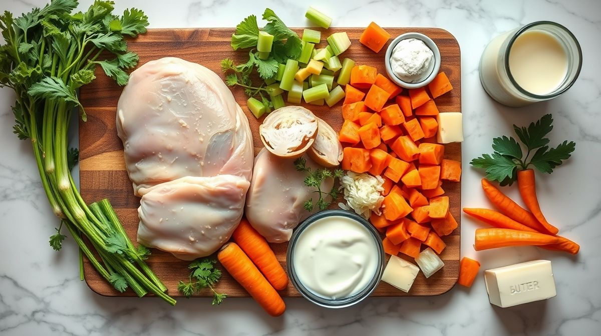 Visão de cima com os ingredientes da torta de frango organizados em uma bancada rústica