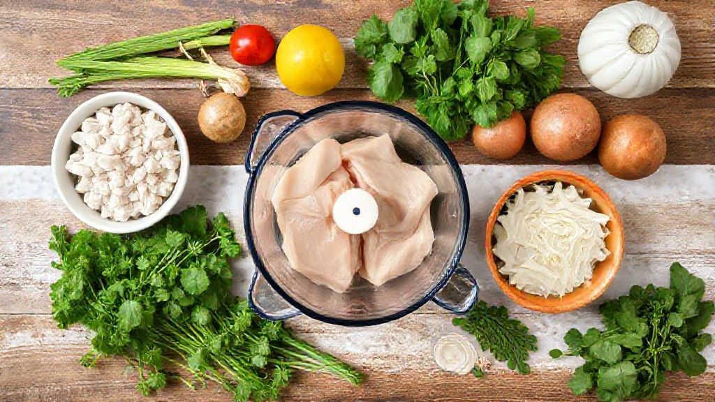 Visão de cima com ovos, leite, frango desfiado, queijo e outros ingredientes organizados sobre bancada de madeira