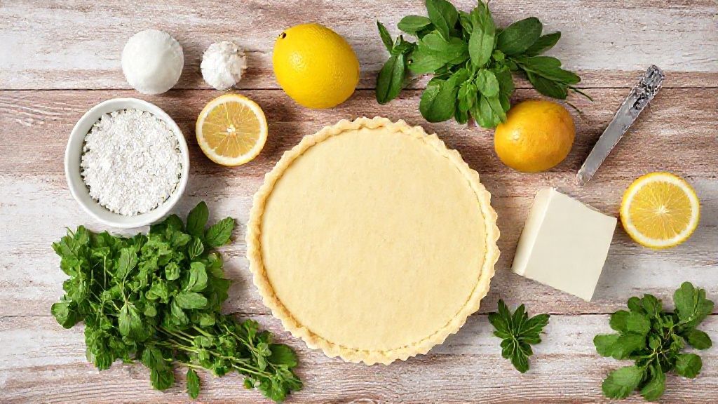 Visão de cima dos ingredientes da torta — bolacha, limões, leite condensado, creme de leite e manteiga