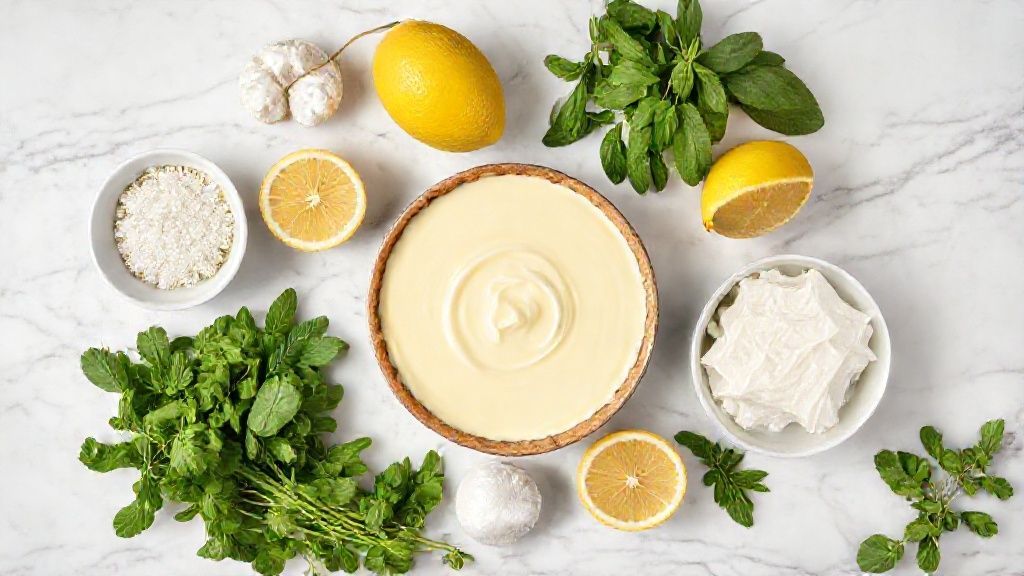 Visão de cima com os ingredientes da torta de limão organizados sobre uma bancada de mármore