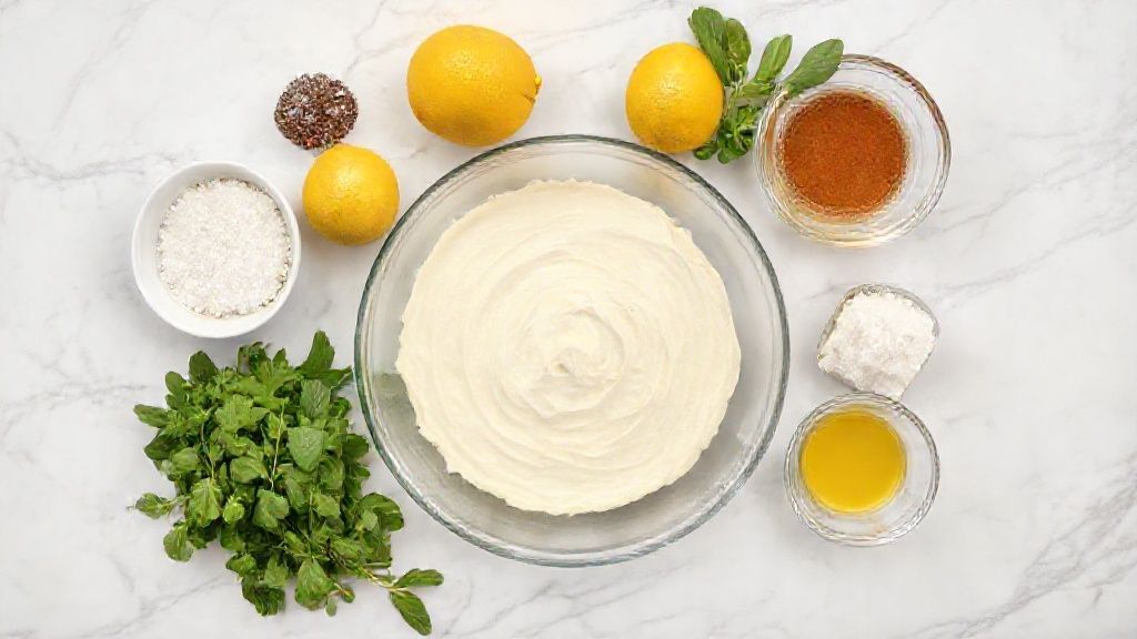 Visão de cima com os ingredientes da torta de limão organizados sobre bancada de mármore.