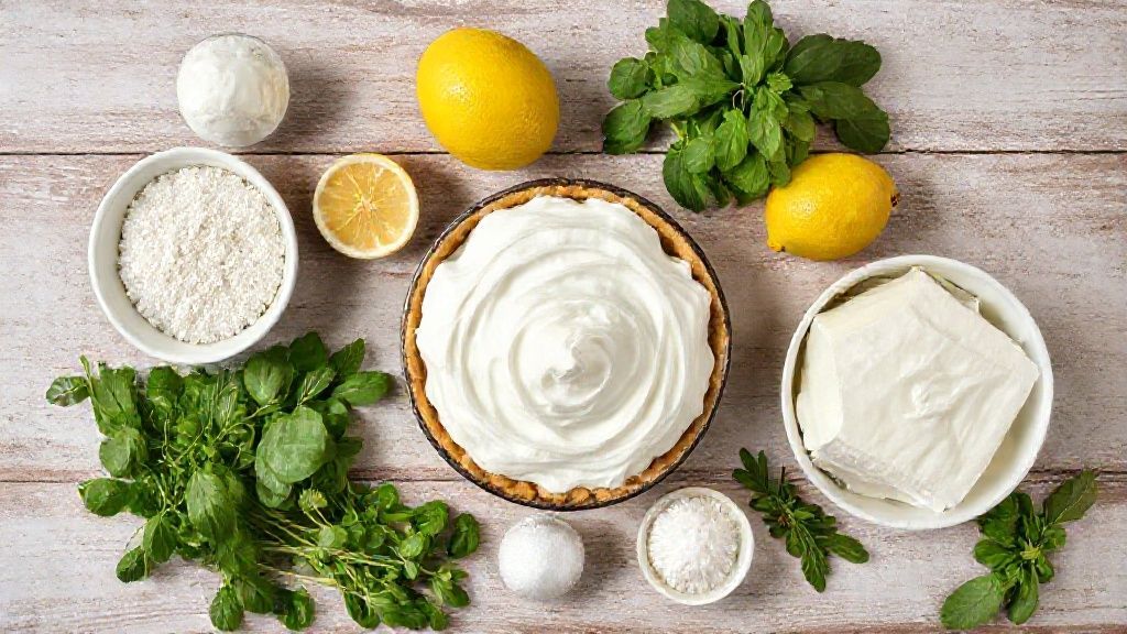 Visão de cima com os ingredientes da torta de limão organizados em uma bancada de mármore