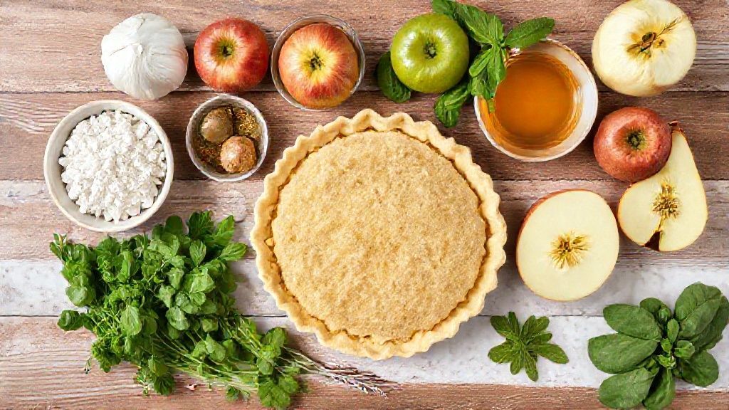 Visão de cima dos ingredientes da torta de maçã dispostos em uma bancada de madeira