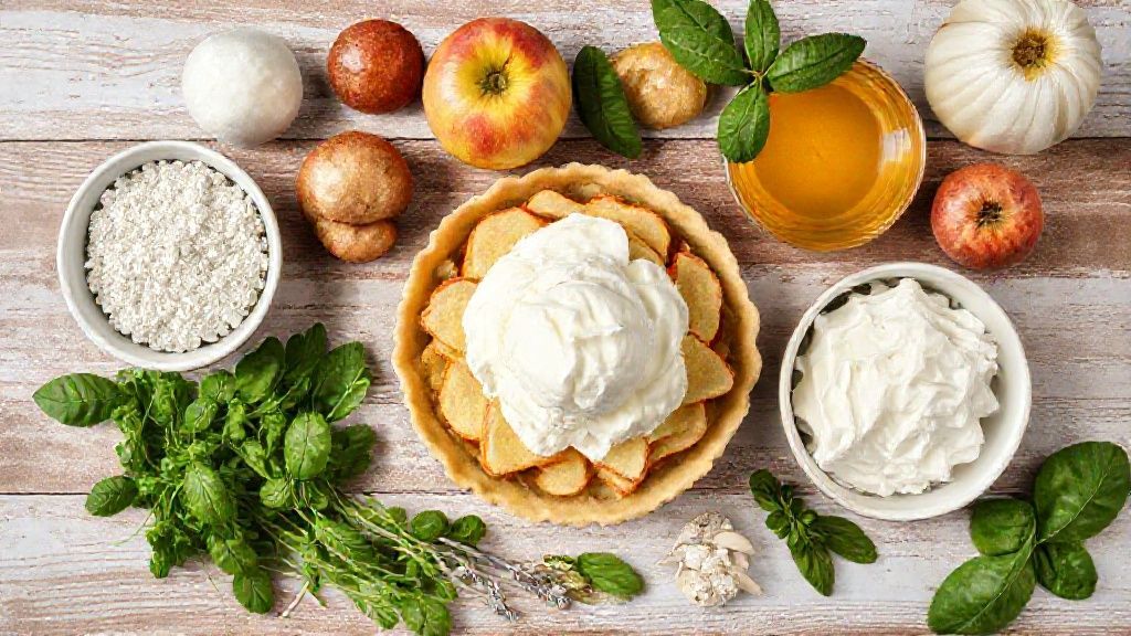 Visão de cima com os ingredientes da torta de maçã organizados em tigelas sobre bancada de madeira.