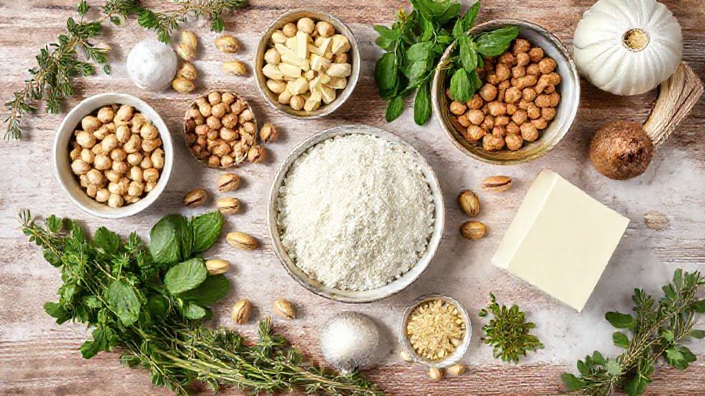 Visão de cima mostrando biscoitos, manteiga, pistache, creme de leite e cream cheese organizados sobre bancada