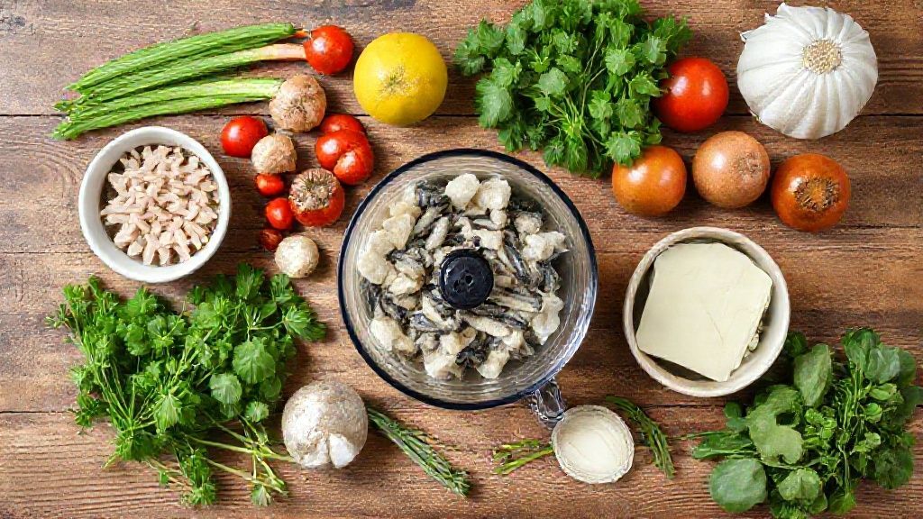 Visão de cima com os ingredientes da torta de sardinha organizados em uma bancada de madeira