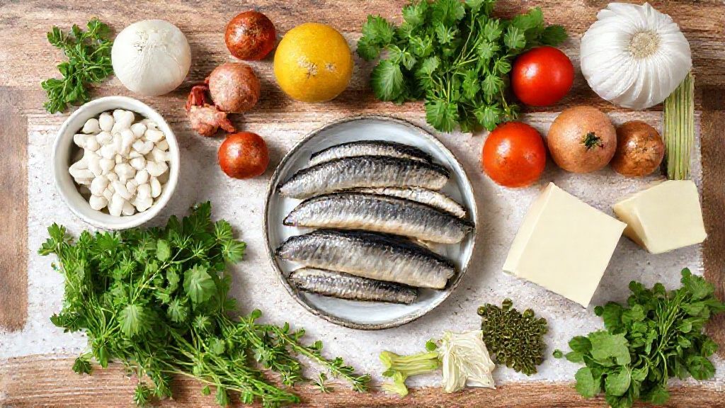 Visão de cima mostrando tomates, cebolas, sardinhas em lata, ovos, farinha e leite organizados sobre bancada rústica