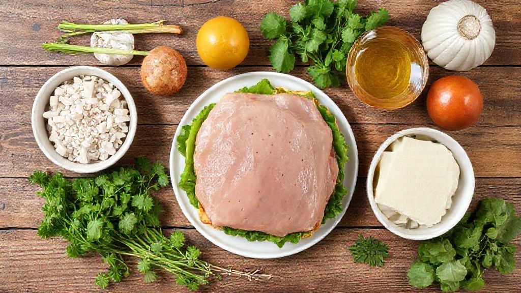 Ingredientes da torta fria de frango organizados sobre bancada de madeira, incluindo frango desfiado, pão de forma, maionese e legumes