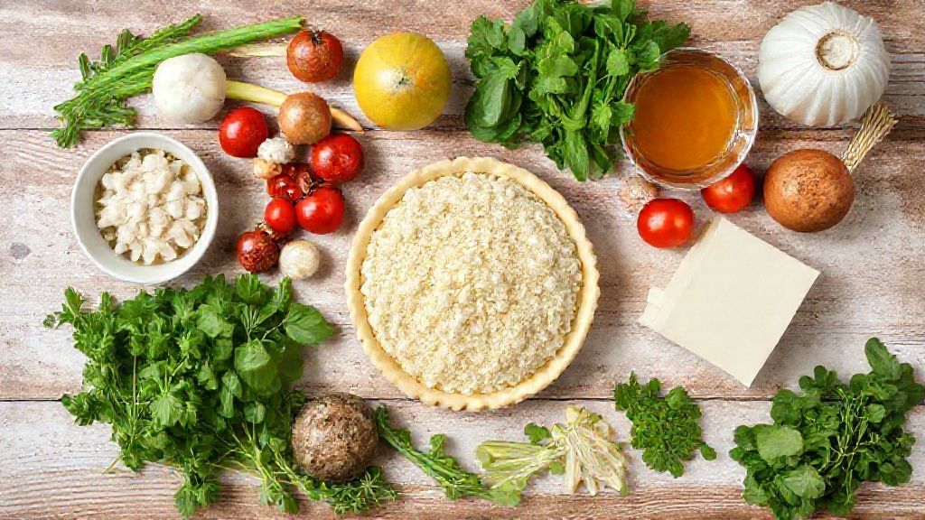 Visão de cima mostrando farinha, ovos, queijo, presunto, tomates e temperos organizados em uma bancada de cozinha
