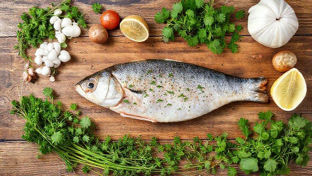 Visão de cima dos ingredientes frescos organizados — trutas, limão, ervas e azeite — em bancada de madeira clara