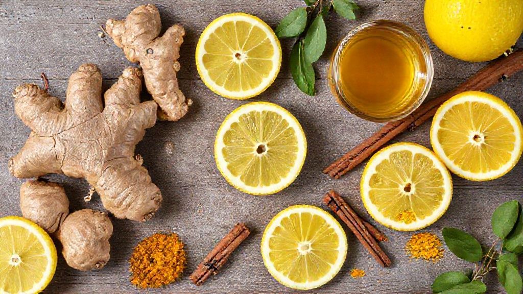 Visão de cima com gengibre fresco, limões cortados, mel, cravos, canela e cúrcuma organizados em bancada de madeira.