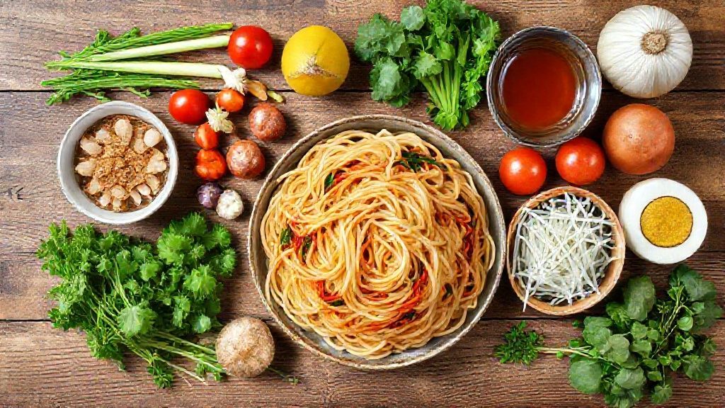 Ingredientes frescos do yakisoba dispostos em bancada de madeira, incluindo macarrão, legumes e carnes