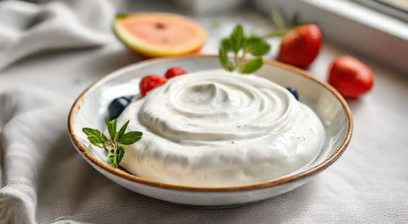 Iogurte natural caseiro cremoso em uma tigela branca, decorado com frutas e mel, visual leve e saudável