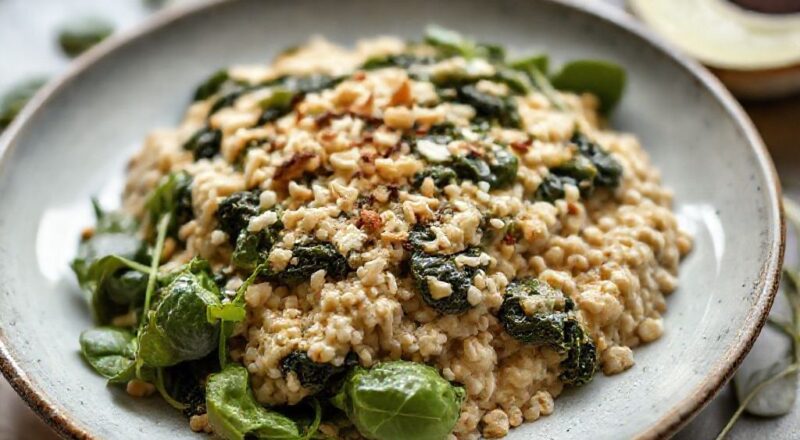 O prato pronto dourado e leve, feito com espinafre e aveia, servido com salada fresca em ambiente iluminado