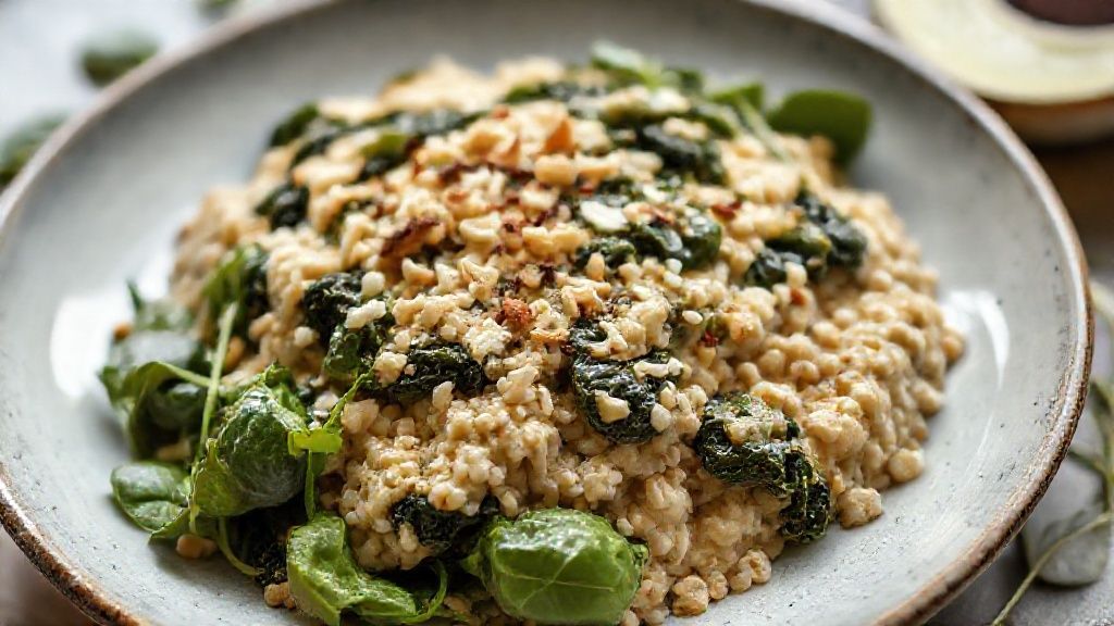 Prato de jantar saudável com espinafre e aveia pronto, dourado e apetitoso, servido em prato branco com salada leve