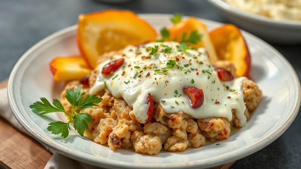Kibe de forno com catupiry dourado e cremoso, servido em refratário, crocante por fora e suculento por dentro