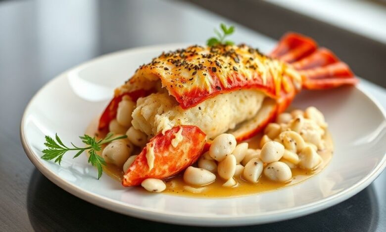 Lagosta gratinada dourada, coberta com queijo derretido e ervas frescas, servida em prato elegante