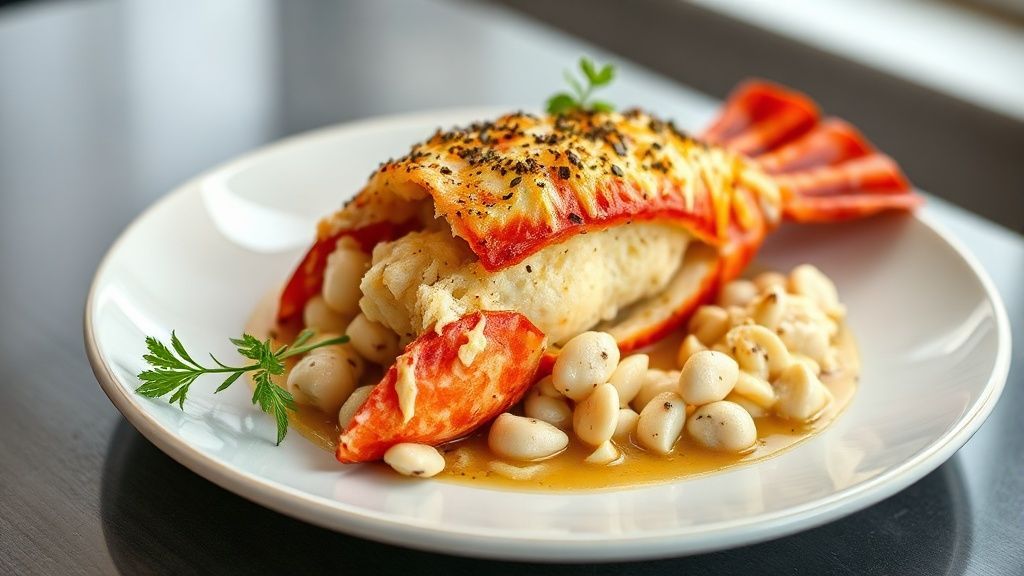 Lagosta gratinada dourada, coberta com queijo derretido e ervas frescas, servida em prato elegante