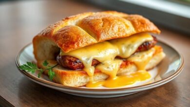 Lanche de pão de forma assado com queijo derretido e molho de salsicha dourado, servido quente e apetitoso