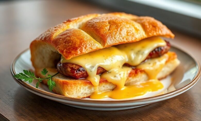 Lanche de pão de forma assado com queijo derretido e molho de salsicha dourado, servido quente e apetitoso