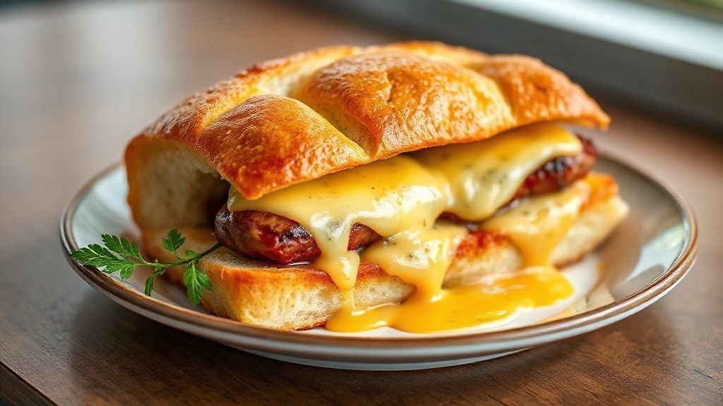 Lanche de pão de forma assado com queijo derretido e molho de salsicha dourado, servido quente e apetitoso