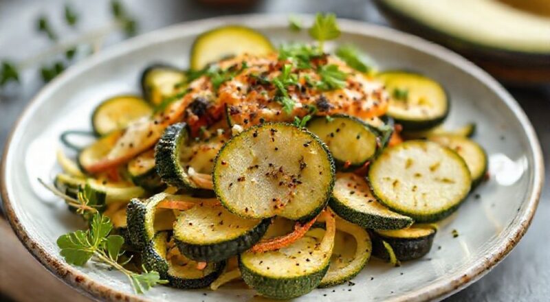 Lanche fit de abobrinha dourado, com queijo gratinado e textura crocante, servido em pedaços quadrados sobre uma travessa rústica