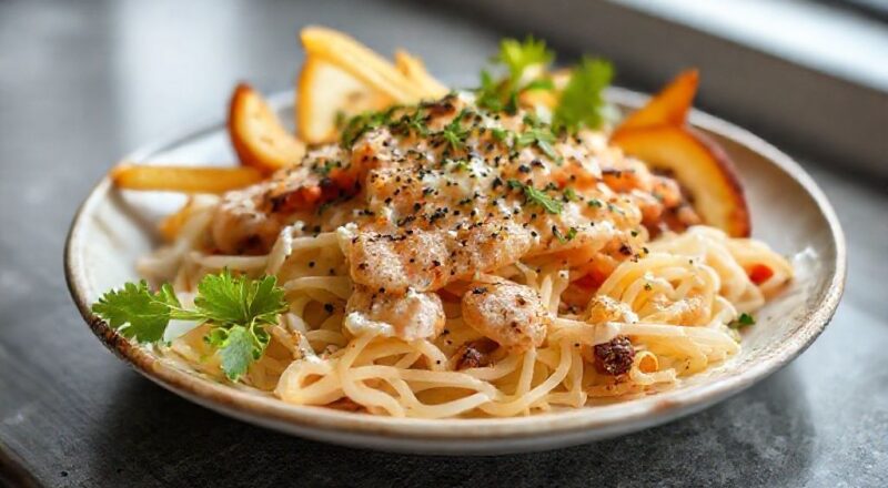 Lanche low carb dourado com queijo derretido por cima, servido quente em prato branco com ervas frescas