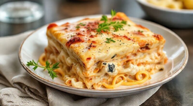 Lasanha de frango cremosa dourada, com queijo derretido e camadas bem definidas, servida em travessa rústica