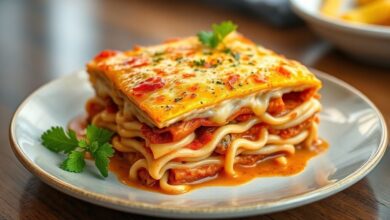 Lasanha dourada e cremosa servida em refratário, com queijo gratinado e aroma irresistível de forno