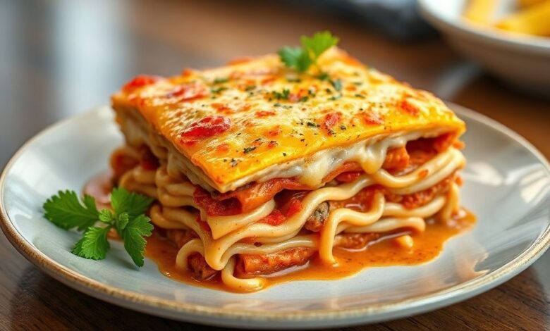 Lasanha dourada e cremosa servida em refratário, com queijo gratinado e aroma irresistível de forno