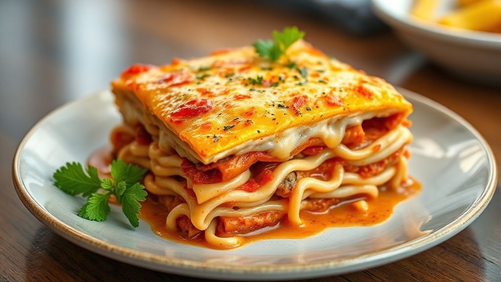 Lasanha dourada e cremosa servida em refratário, com queijo gratinado e aroma irresistível de forno