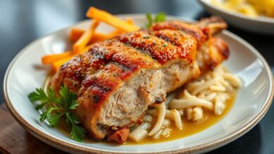 Leitão à pururuca assado inteiro, dourado, com pele crocante e aparência suculenta, servido em uma tábua decorada