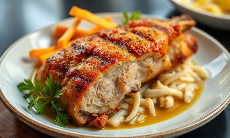 Leitão à pururuca assado inteiro, dourado, com pele crocante e aparência suculenta, servido em uma tábua decorada