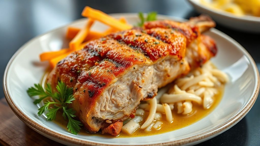 Leitão à pururuca assado inteiro, dourado, com pele crocante e aparência suculenta, servido em uma tábua decorada