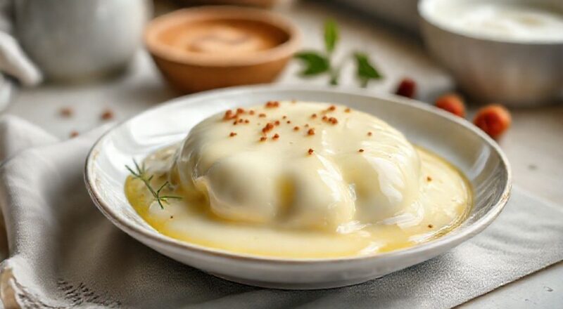 Pote de vidro com leite condensado caseiro cremoso, com colher mergulhada e textura brilhante.