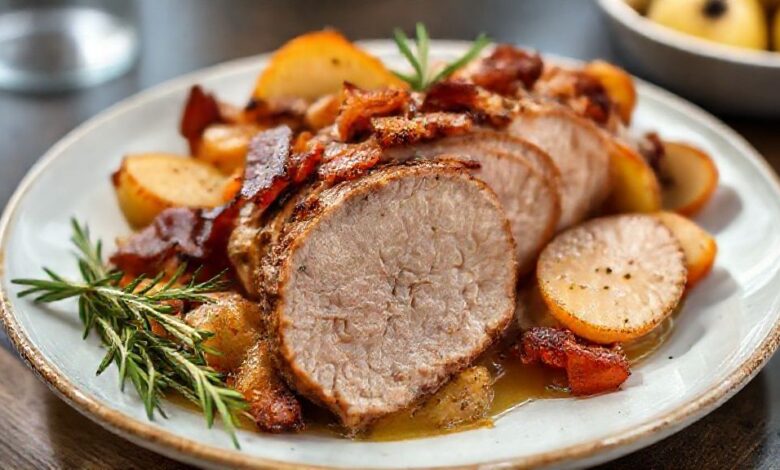 Lombo de porco assado dourado coberto com tiras de bacon crocante e maçãs caramelizadas em volta