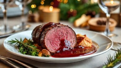 Lombo de veado fatiado, servido com molho de vinho tinto e ervas frescas, em prato elegante natalino