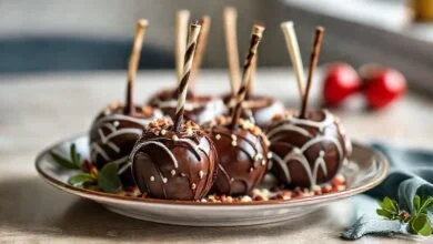 Maçãs do amor cobertas com chocolate e decoradas com confeitos, servidas em uma mesa de festa.