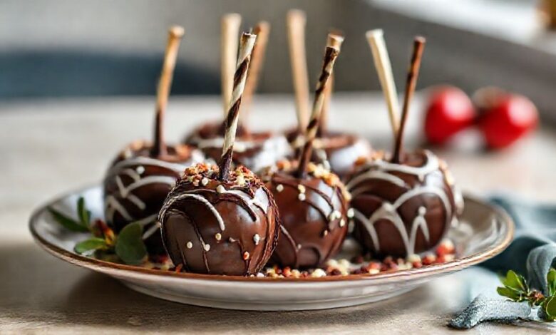 Maçãs do amor cobertas com chocolate e decoradas com confeitos, servidas em uma mesa de festa.